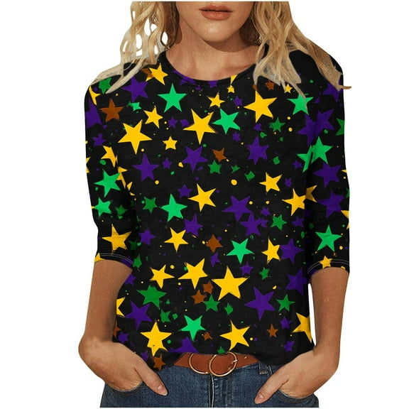 Otvok 3/4 Sleeve Tops for Women'S Round Neck Loose Casual Blouses Carnival Printed Tshirts