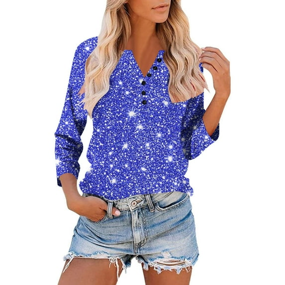 Otvok Autumn and Winter T-shirt Women's Button V-neck Three Quarter Sleeve 3/4 Sleeve Raglan Loose Top