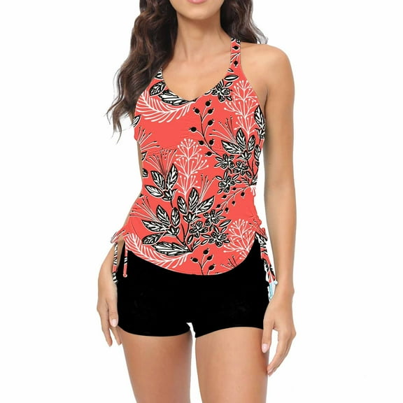 Otvok Blouson Tankini Swimsuits for Women 2 Piece Bathing Suits with Boyshorts Modest Tummy Control Swimwear L Red