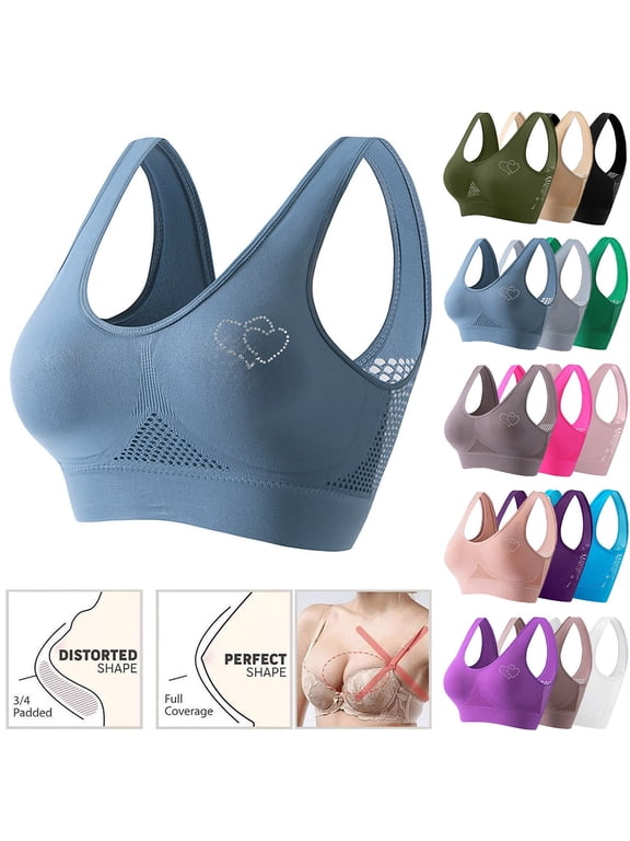 Bras for Women Breathable Mesh Workout Bra, Heart Rhinestone Seamless Padded Sports Bra Medium Support Training