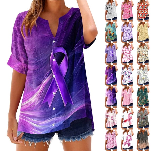 Otvok Button T-Shirts for Women Roll Up Short Sleeve Tops V Neck Casual Loose Fit Summer Tee Blouses