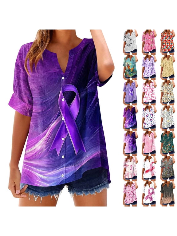Button T-Shirts for Women Roll Up Short Sleeve Tops V Neck Casual Loose Fit Summer Tee Blouses