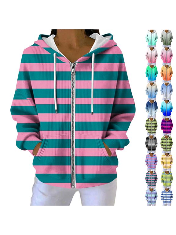 Casual Zip Up Hooded Coat Women Striped Knit Long Sleeve Drawstring Pocket Daily Sweatshirt Top