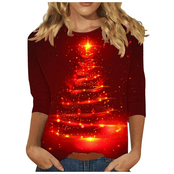 Otvok Christmas Shirts for Women Funny Xmas Tree Lights 3/4 Sleeve Tops Crewneck Family Dressy Blouses