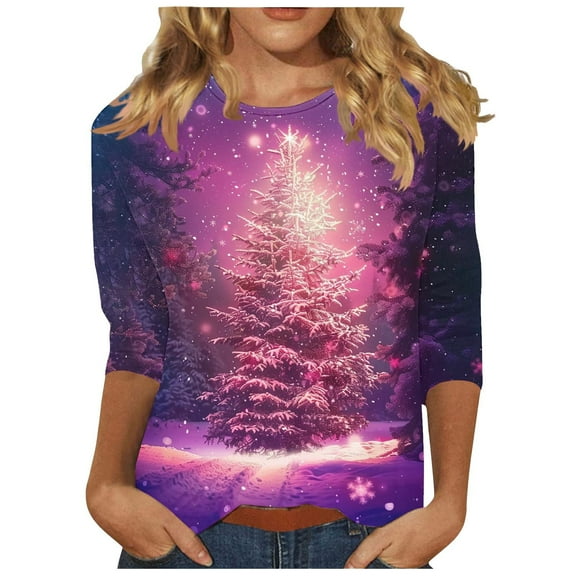 Otvok Christmas Tunic Tops for Women Funny Xmas Tree Lights 3/4 Sleeve Tops Crewneck Family Dressy Blouses