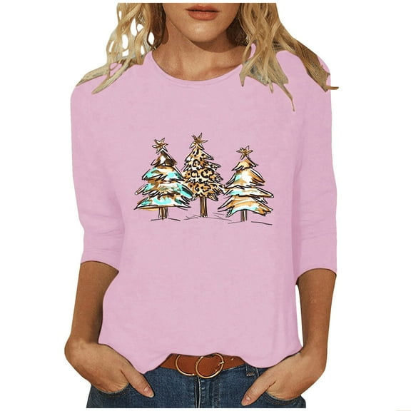 Otvok Christmas Woman Casual Round Neck Print Blouse 3/4 Sleeve Winter T-Shirts