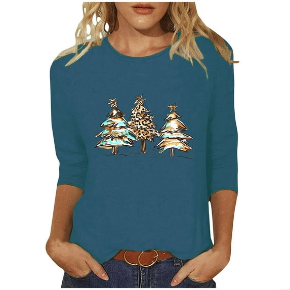 Otvok Christmas Woman Casual Round Neck Print Blouse 3/4 Sleeve Winter T-Shirts