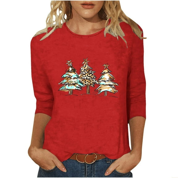 Otvok Christmas Woman Casual Round Neck Print Blouse 3/4 Sleeve Winter T-Shirts
