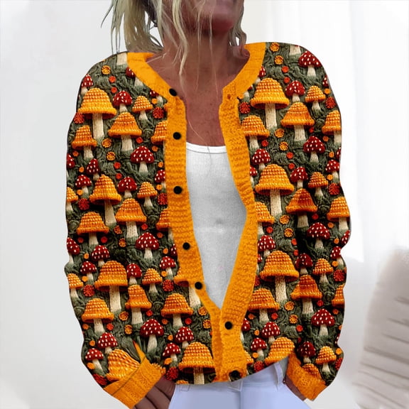 Otvok Christmas Women Sweaters Casual Button Trendy Cardigan Cute Long Sleeve Xmas Print Knitted Outerwear