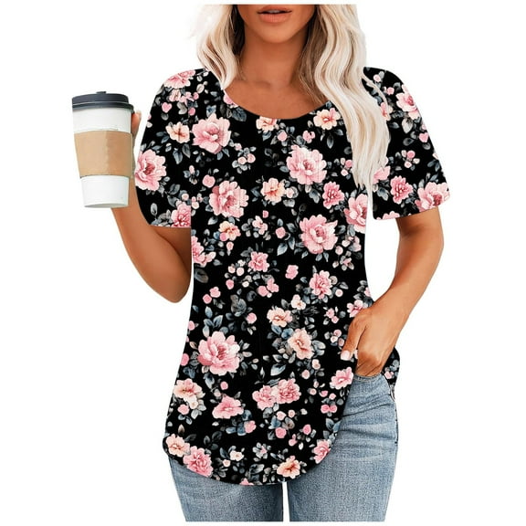 Otvok Fashionable Womens Casual Short Sleeved Loose Round Neck Solid Color Tops