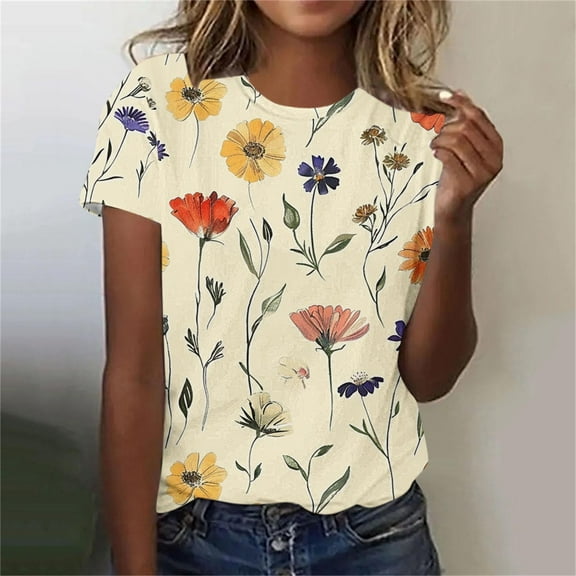 Otvok Women Fashion Summer Printed Regular Women Short Sleeves Round Neck Tops