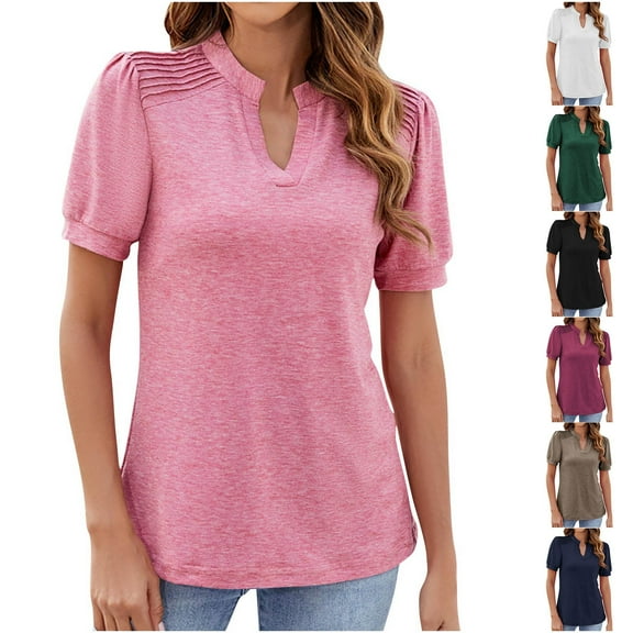 Otvok Womens New Short-Sleeved V-Neck Pullover Solid Color Casual Blouse