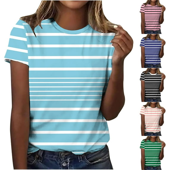 Otvok Womens Striped Printed T-Shirt Summer Round Neck Short Sleeved Top