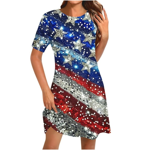 Otvok Dress for Women Summer Short-Sleeve Round-Neck Comfortable Loose Independence Day Printed Dresses