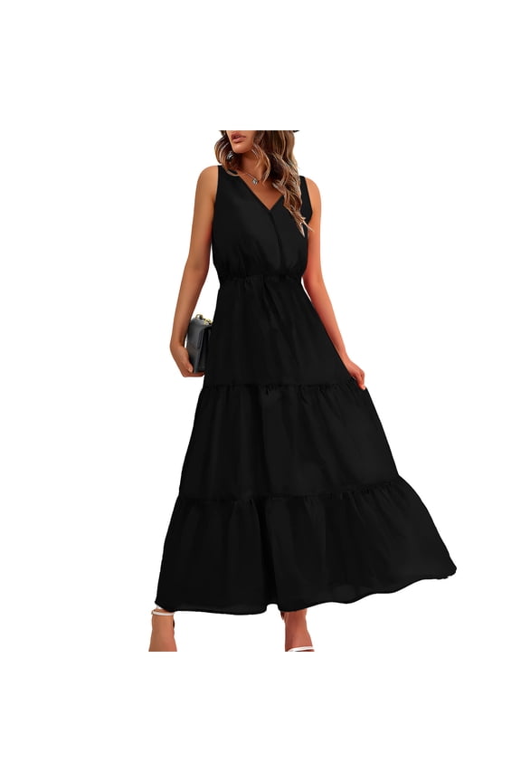 Dresses for Women Summer Sleeveless V-Neck Pleated Dresses Ankle Dress Tiered Long Dress