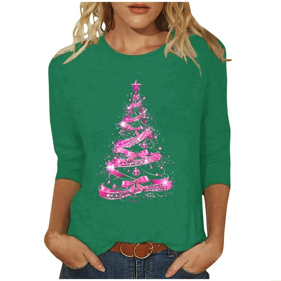 Otvok Fashion Woman Casual Round Neck Printing Blouse 3/4 Sleeve T-Shirt Summer for Christmas