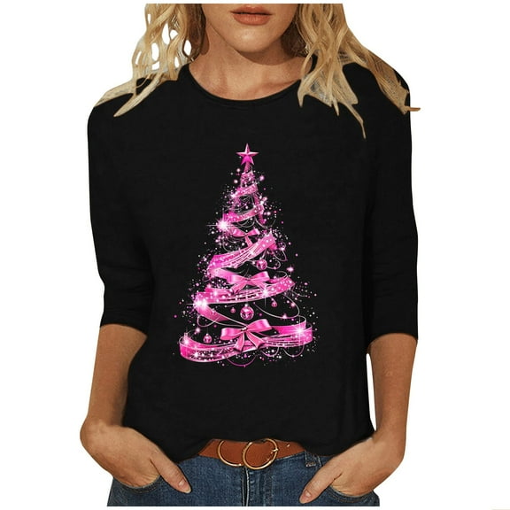 Otvok Fashion Woman Casual Round Neck Printing Blouse 3/4 Sleeve T-Shirt Summer for Christmas