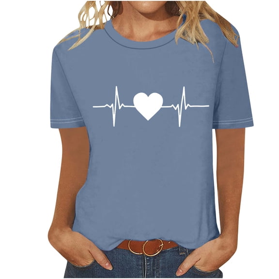 Otvok Fashion Women Round-Neck Short Sleeve T-Shirt Heart Print Casual Spring Summer Blouses