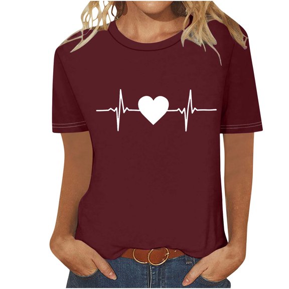 Otvok Fashion Women Round-Neck Short Sleeve T-Shirt Heart Print Casual Spring Summer Blouses