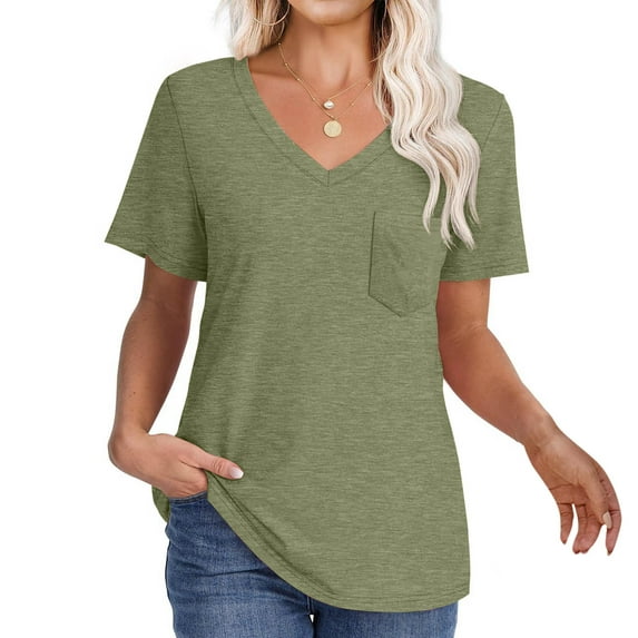 Otvok Fashion Womens Casual Short Sleeve Solid Pocket Tops Ladies V-Neck Blouse