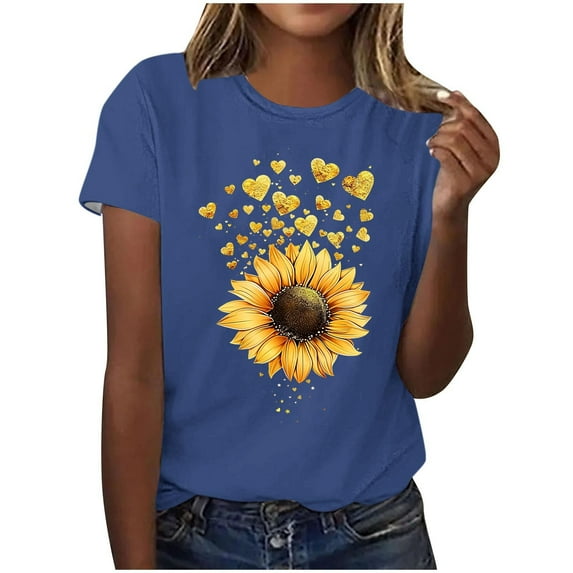 Otvok Fashionable Summer Women'S T-Shirt Short Sleeve Sunflower Print Casual Round-Neck Tee Blouses