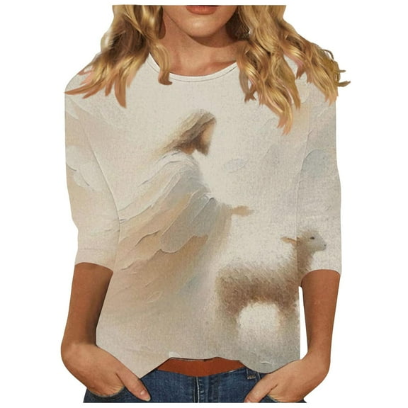 Otvok Fashionable Women'S Printed Casual Round Neck Pullover 3/4 Sleeve Tops