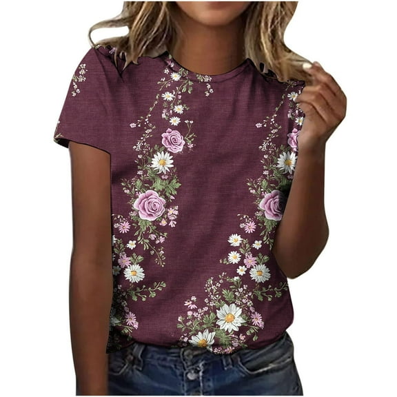 Otvok Fashionable Women's Casual Pullover Printed Short Sleeved Round Neck T-Shirt Summer Tops