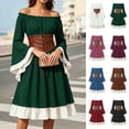 thumbnail image 1 of Otvok Faux Leather Corset Midi Dress, Women Off Shoulder Renaissance Gown, Flare Long Sleeve Ruffle Hem Halloween Costume Dress, 1 of 7