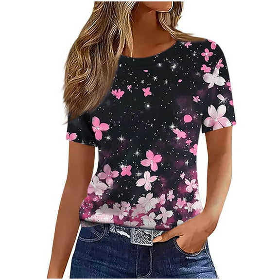 Otvok Floral Graphic Tees for Women Round-Neck Floral Tops Short Sleeve Casual T-Shirts Ladies Blouses
