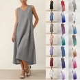thumbnail image 1 of Otvok Gradient Ombre Linen Dresses for Women Sleeveless Midi Loose Pocket Round Neck Lightweight Summer Gown, 1 of 7