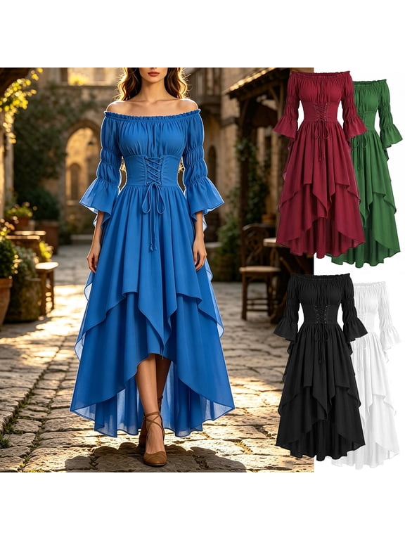 Halloween Dresses Off Shoulder Renaissance Dress Women, Flare 3/4 Sleeve Corset Dress, Lace Up High Low Party Maxi Dress