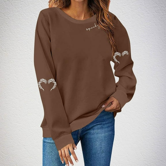 Otvok Halloween Womens Long Sleeve Sweatshirt Crewneck Oversized Tops Casual Fall Winter Trendy T-Shirts with Pockets Clothes