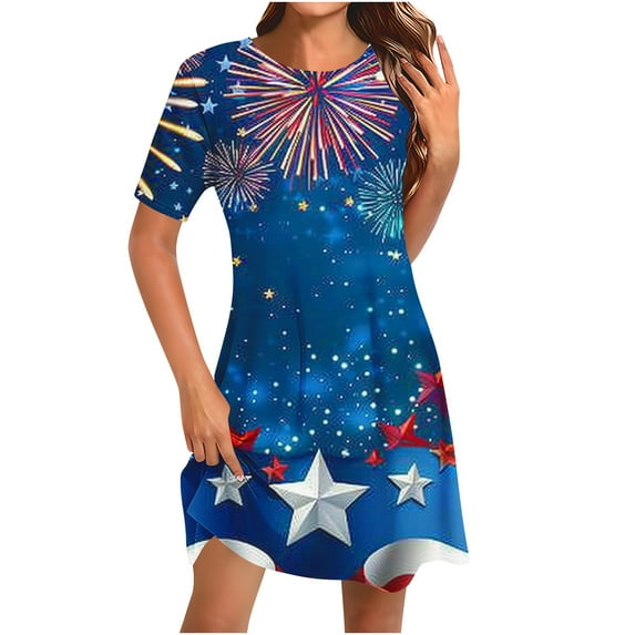Otvok Independence Day Dress for Women Summer Short-Sleeve Round-Neck Comfortable Loose Casual Printed Dresses