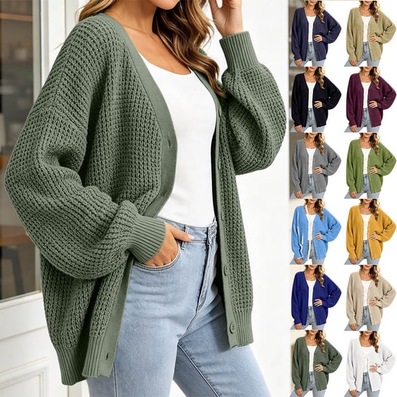 Otvok Ladies Casual Knit Outerwear, Winter Open Knit V Neck Button Front Long Lantern Sleeve Loose Cardigan Sweater