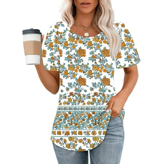 Otvok Ladies Casual Short Sleeved Loose Round Neck Floral Print Tops