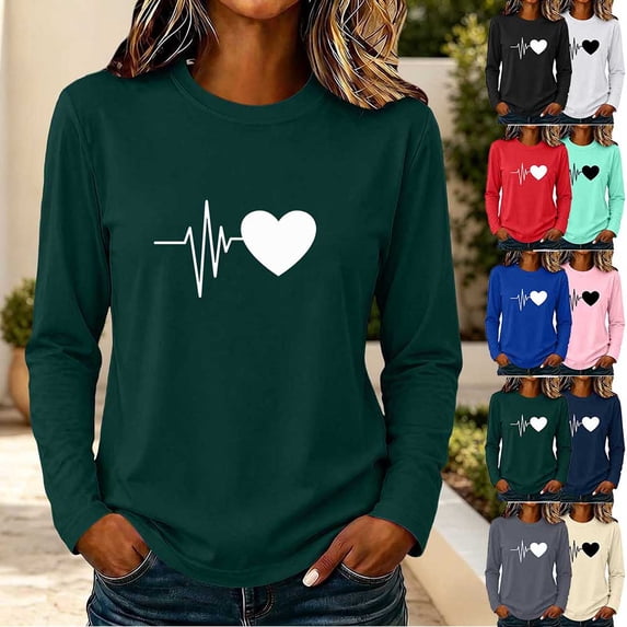 Otvok Ladies Love Casual Blouses, Minimal Heartbeat Heart Art Print Loose Women Long Sleeve T-Shirt