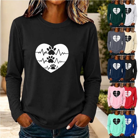 Otvok Ladies Pet Lover Graphic Tops, Heartbeat Paw Print Heart Shape Crew Neck Women Long Sleeve T-Shirt