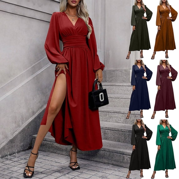 Otvok Ladies Ruched Waist Flowy Maxi Dress, Women V Neck Puff Long Sleeve Dress, A Line Formal Occasion Evening Dress