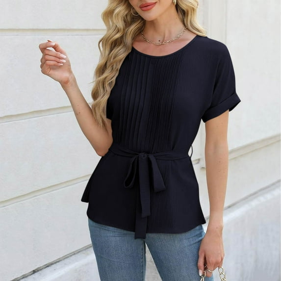 Otvok Ladies Short Sleeve Shirt with Ruffled Edges and Pleated Straps Top for Outerwear T-Shirt