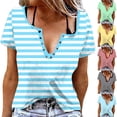 thumbnail image 1 of Otvok Ladies Striped T-shirt, Womens Tops Trendy Button V Neck Short Sleeve Tshirts Business Casual Basic Tee Loose Fit, 1 of 6