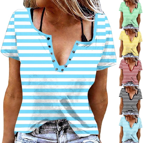 Otvok Ladies Striped T-shirt, Womens Tops Trendy Button V Neck Short Sleeve Tshirts Business Casual Basic Tee Loose Fit