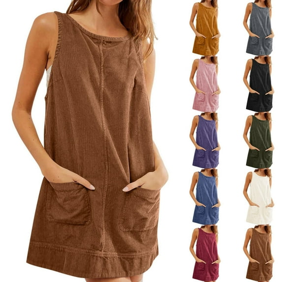 Otvok Ladies Tank Dress Solid Color Round Neck Corduroy Sleeveless Backless Vest Dress