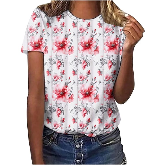 Otvok Ladies Tops Summer Short Sleeve Crew Neck Shirts Dressy Casual Blouses for Women