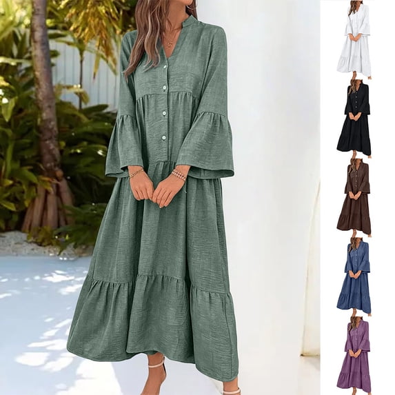 Otvok Ladies V Neck Tiered Maxi Dress Women, Bell Long Sleeve Button Front Dress, Loose Flowy Casual Vacation Dress