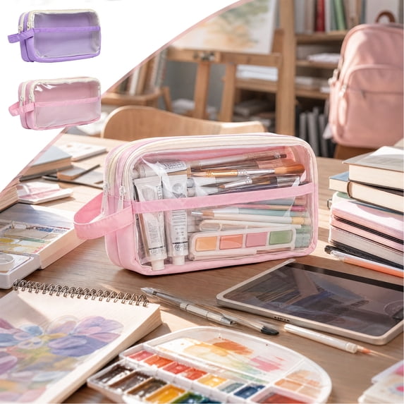 Otvok Layer Large Capacity Transparent Pencil Case for Students Portable Large Capacity Stain Durability Rectangular Storage Pouch