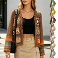 thumbnail image 1 of Otvok Long Sleeve Boho Crochet Sweater Cover Up, Women Granny Square Floral Open Front Hollow Knit Cropped Cardigan, 1 of 7