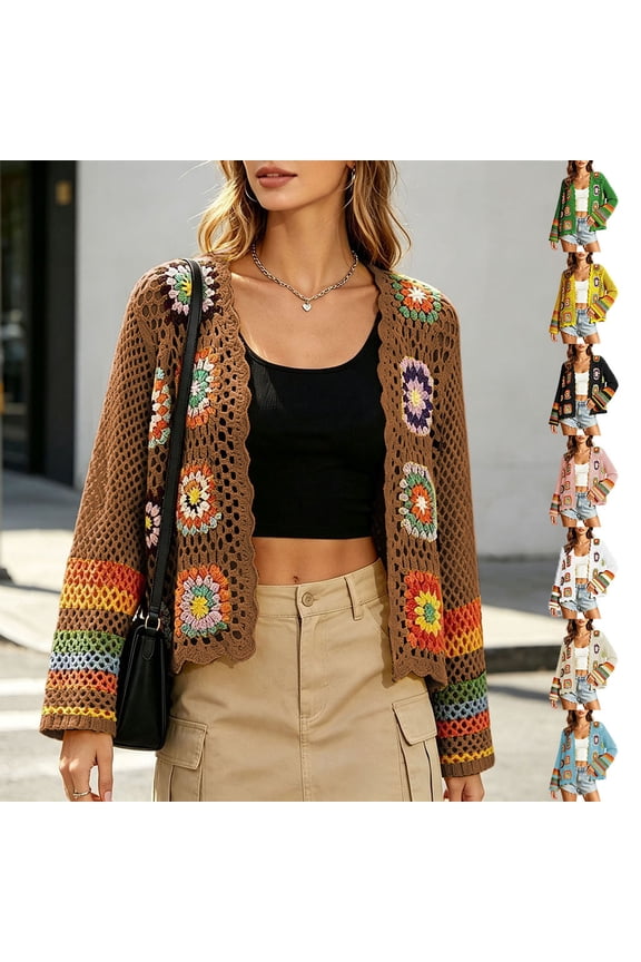 Long Sleeve Boho Crochet Sweater Cover Up, Women Granny Square Floral Open Front Hollow Knit Cropped Cardigan
