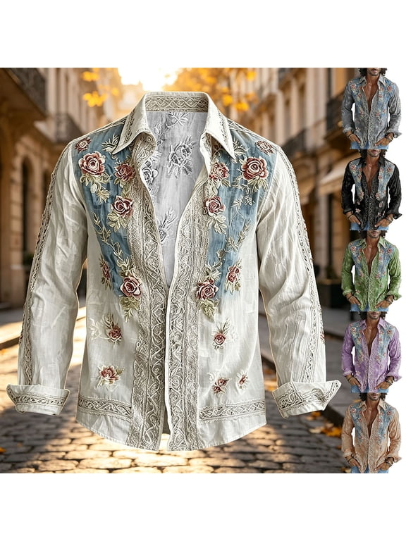 Men Shirts, Men's Floral Print Long Sleeve Button Down Shirt, Lapel Collar Vintage Lace Trim Shirt for Party Vacation