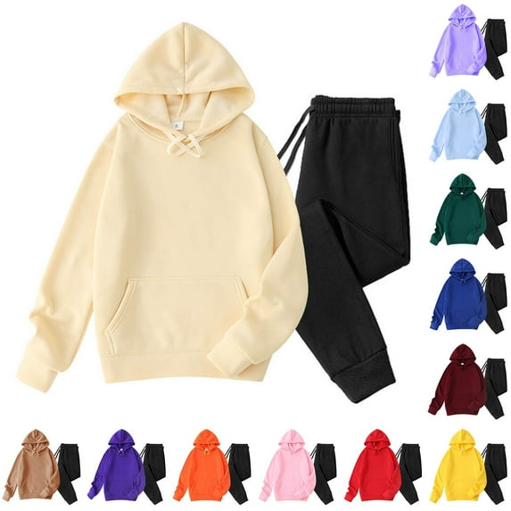 Otvok Men Velvet Solid-Color Casual Loose Pocket Drawstring Long Pants Sweatshirt Long Sleeve Hooded Set