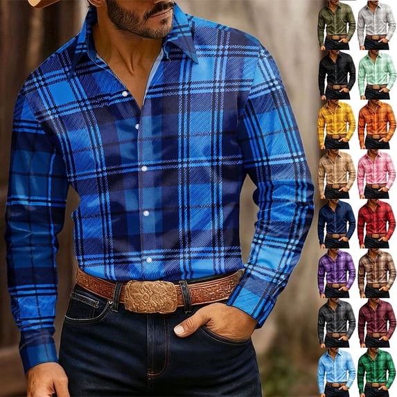 Otvok Men's Collared Shirt, Long Sleeve Plaid Printed Button Front ...